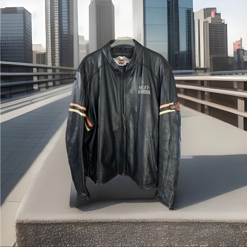 Harley-Davidson Black Leather Bomber Jacket with Orange Accents